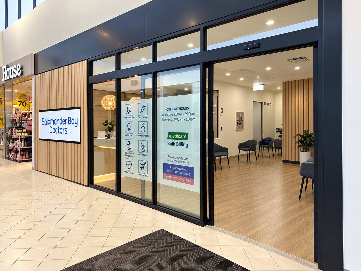 The Salamander Bay Doctors shopfront inside Salamander Bay Shopping Centre, beside House