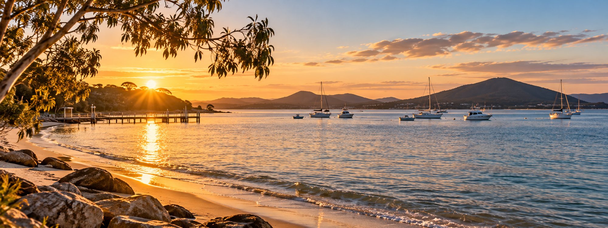 Golden hour over the Salamander Bay waterfront, jetty and moored boats